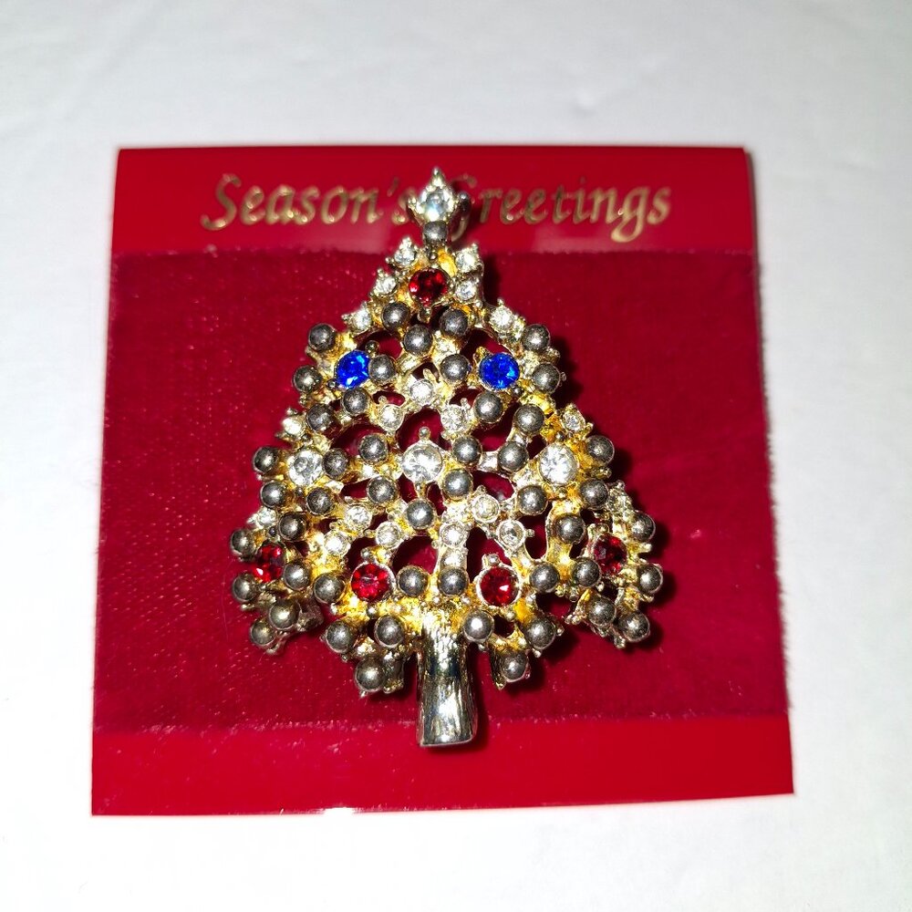 Vtg. Brooch Season’s Greetings Christmas Tree Gold Tone Multicolor Crystals 1.5"